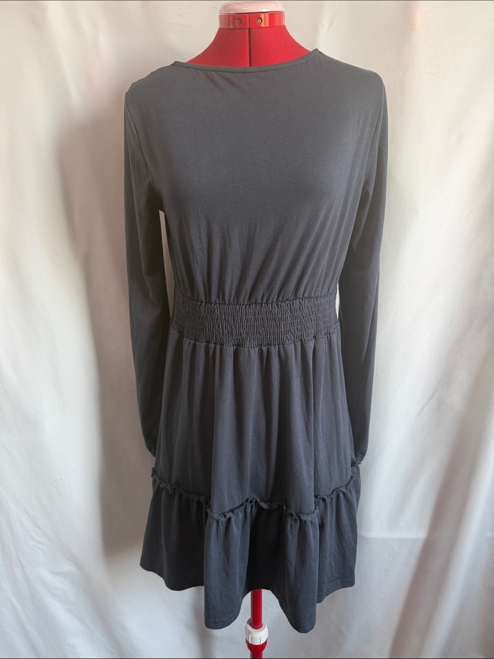 Smocked Waist Long-Sleeve Dress in Charcoal Gray MM351